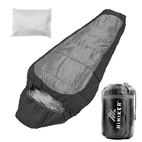 HiHiker Mummy Bag + Travel Pillow w/Compact Compression Sack – 4 Season Sleeping Bag for Adults & Kids – Lightweight Warm and Washable, for Hiking Traveling & Outdoor Activities (Gray)