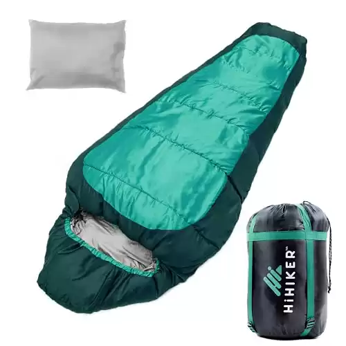 HiHiker Mummy Bag + Travel Pillow w/Compact Compression Sack – 4 Season Sleeping Bag for Adults & Kids – Lightweight Warm and Washable, for Hiking Traveling & Outdoor Activities (Turquoise...