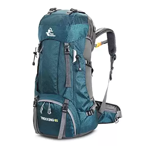 Bseash 60L Waterproof Hiking Camping Backpack with Rain Cover, Lightweight Outdoor Sport Travel Daypack for Climbing Touring (Blue Green)